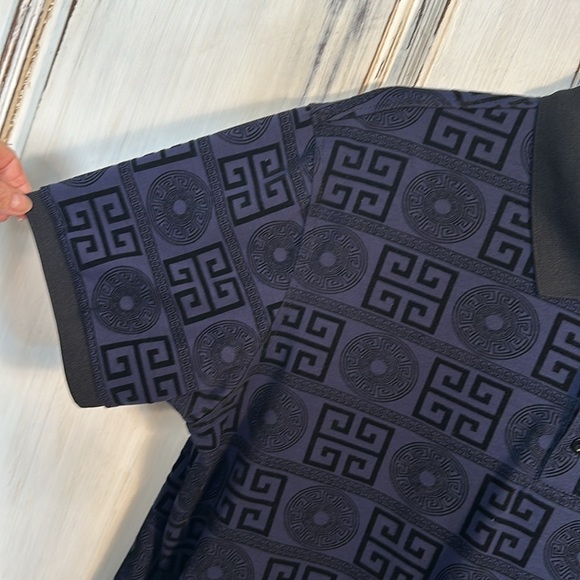 Men’s IBaldelli  Navy Short Sleeves Burn Out Velvet Graphic Pattern Polo Shirt - Picture 6 of 9